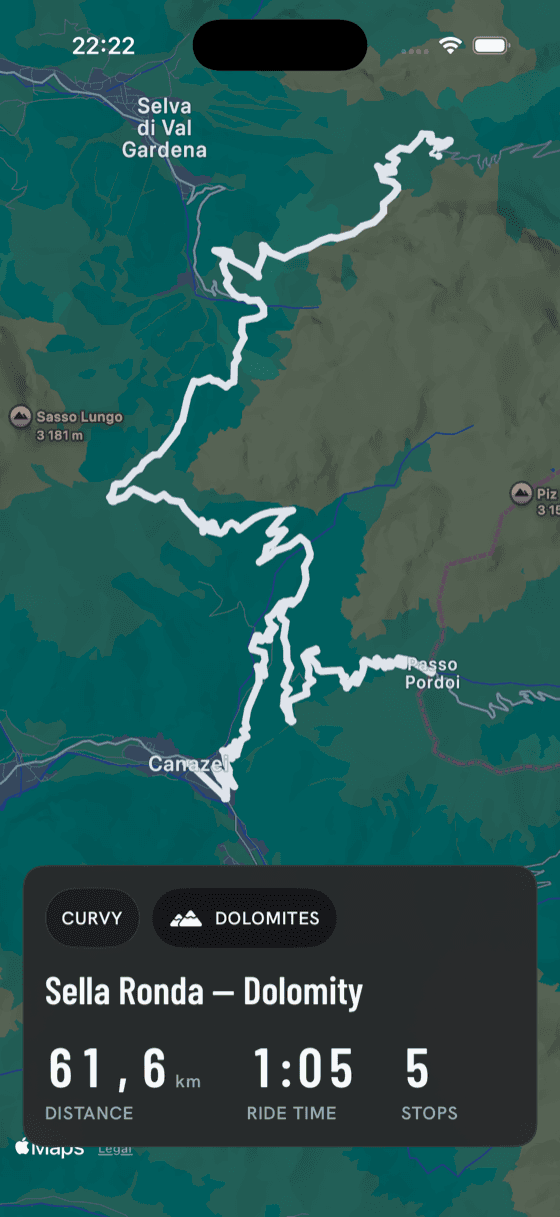 motobud route detail — the Sella Ronda loop through the Dolomites drawn as one continuous ribbon of switchbacks, tagged Curvy and Dolomites